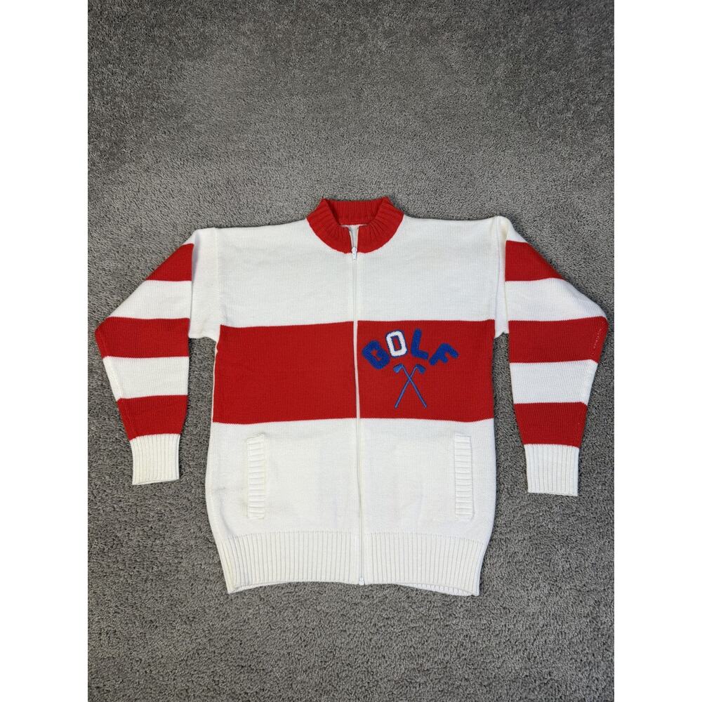 Vintage Golf Sweater Mens M White Full Zip Mock Neck Striped Acrylic Pockets